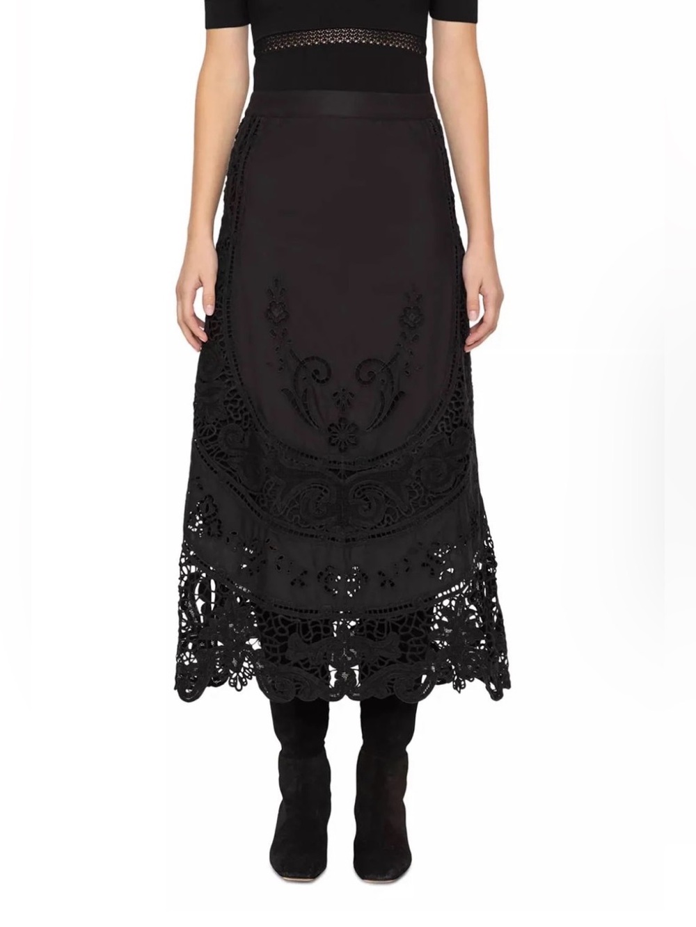 NWT SEA GIANNA COTTON LACE EYELET EMBROIDERED MIDI SKIRT SZ 4 BLACK